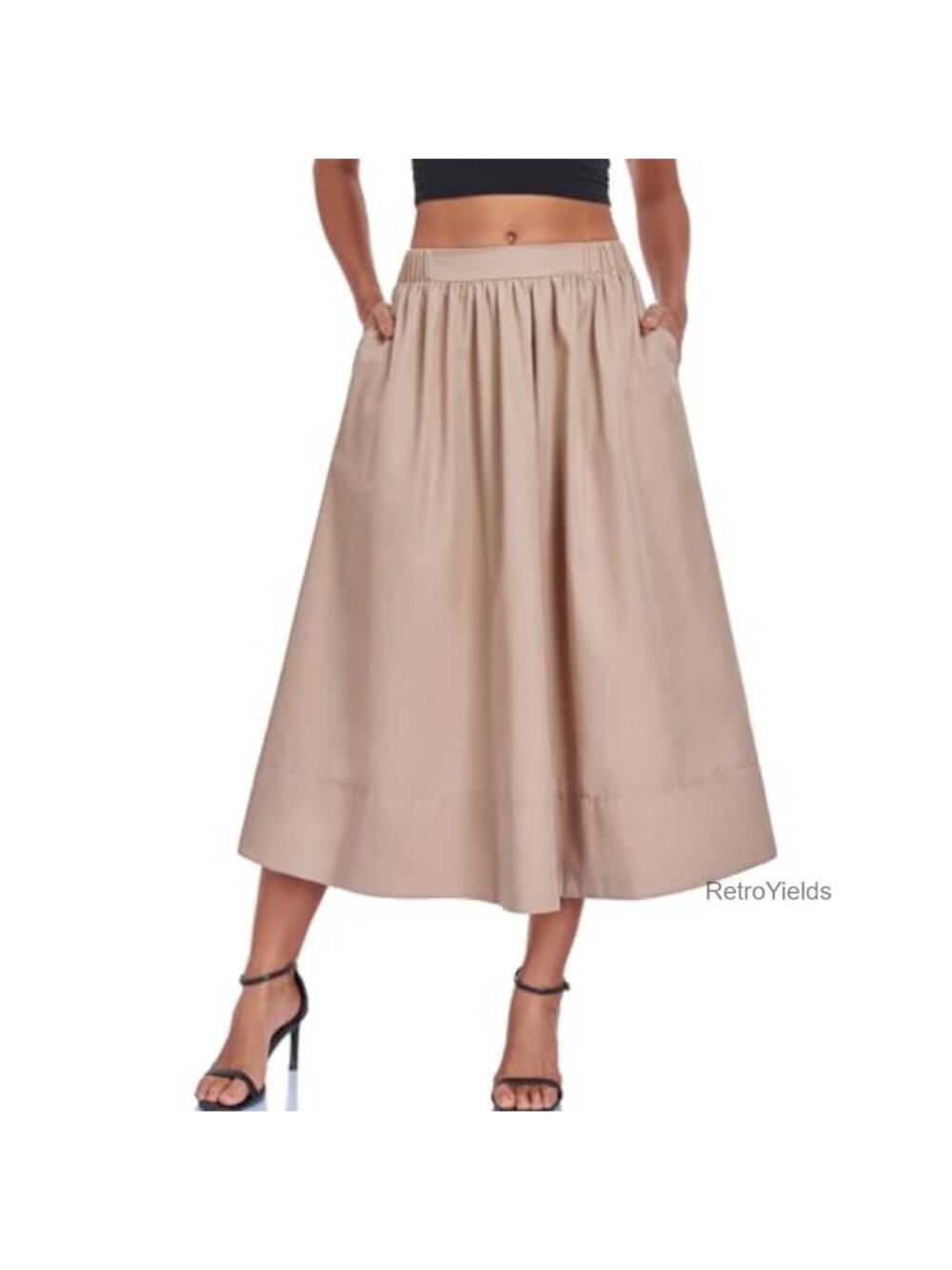 Women's A-Line Midi Skirt Pleated High Waist Flowy Beach Skirt with Pocket